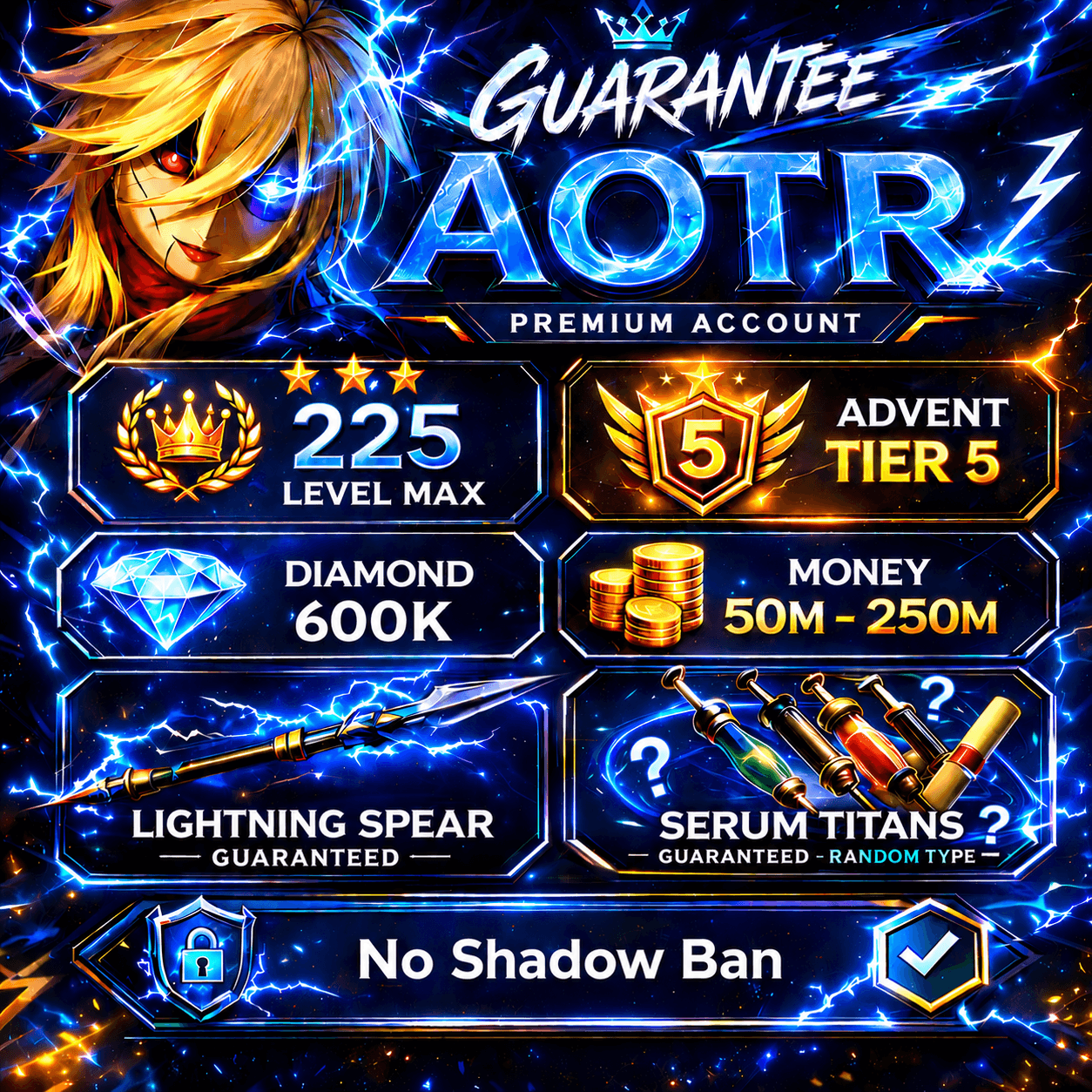 Account Level Max | ⭐️Advent 5 💎Diamond 600k ⚡️Lightning spear 💉 Serum Titans  ❌No Shadow Ban