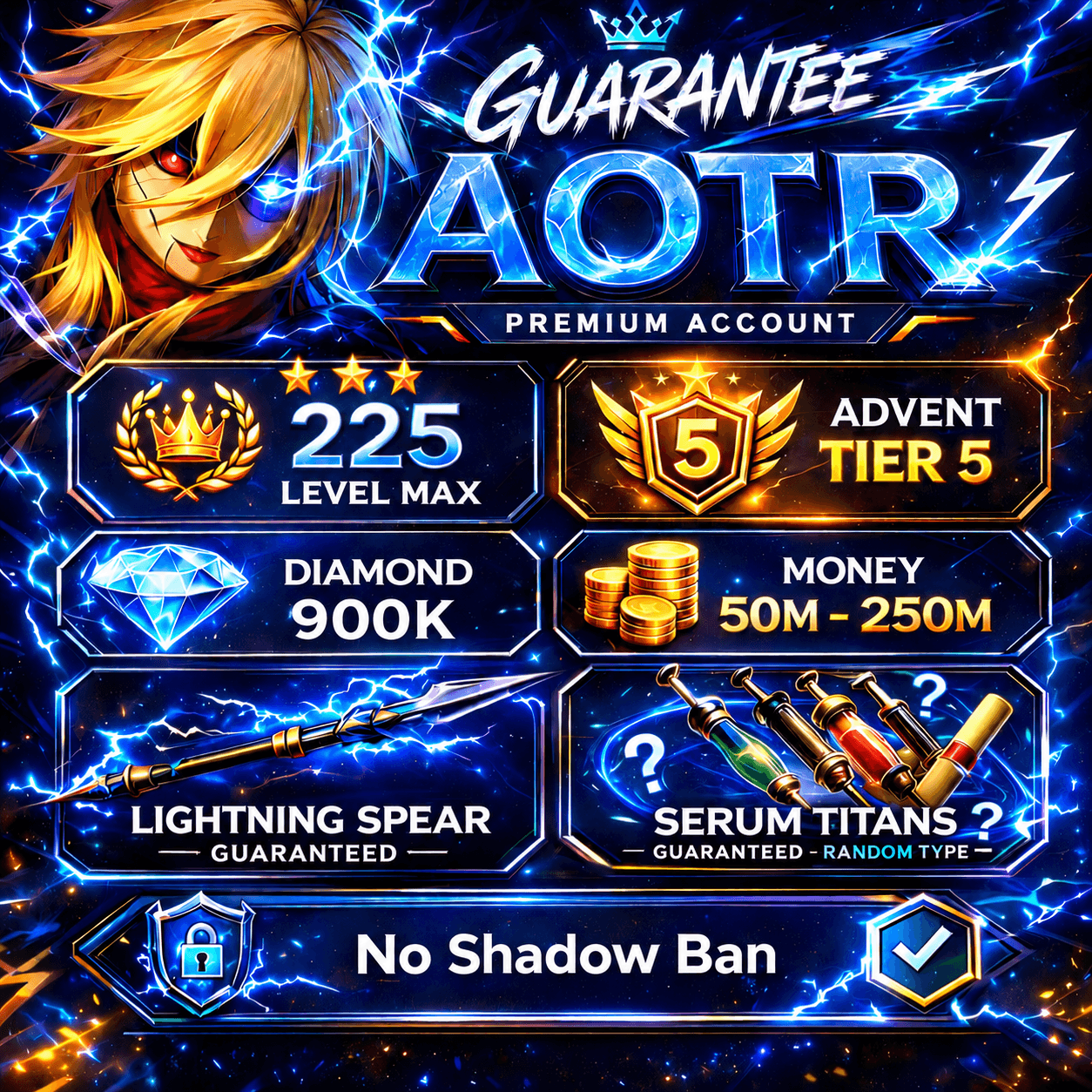 Account Level Max | ⭐️Advent 5 💎Diamond 900k ⚡️Lightning spear 💉 Serum Titans  ❌No Shadow Ban