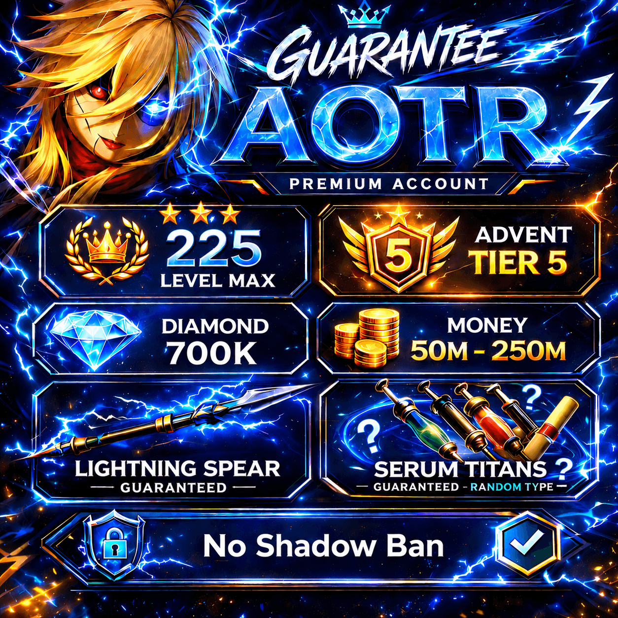 Account Level Max | ⭐️Advent 5 💎Diamond 700k ⚡️Lightning spear 💉 Serum Titans  ❌No Shadow Ban
