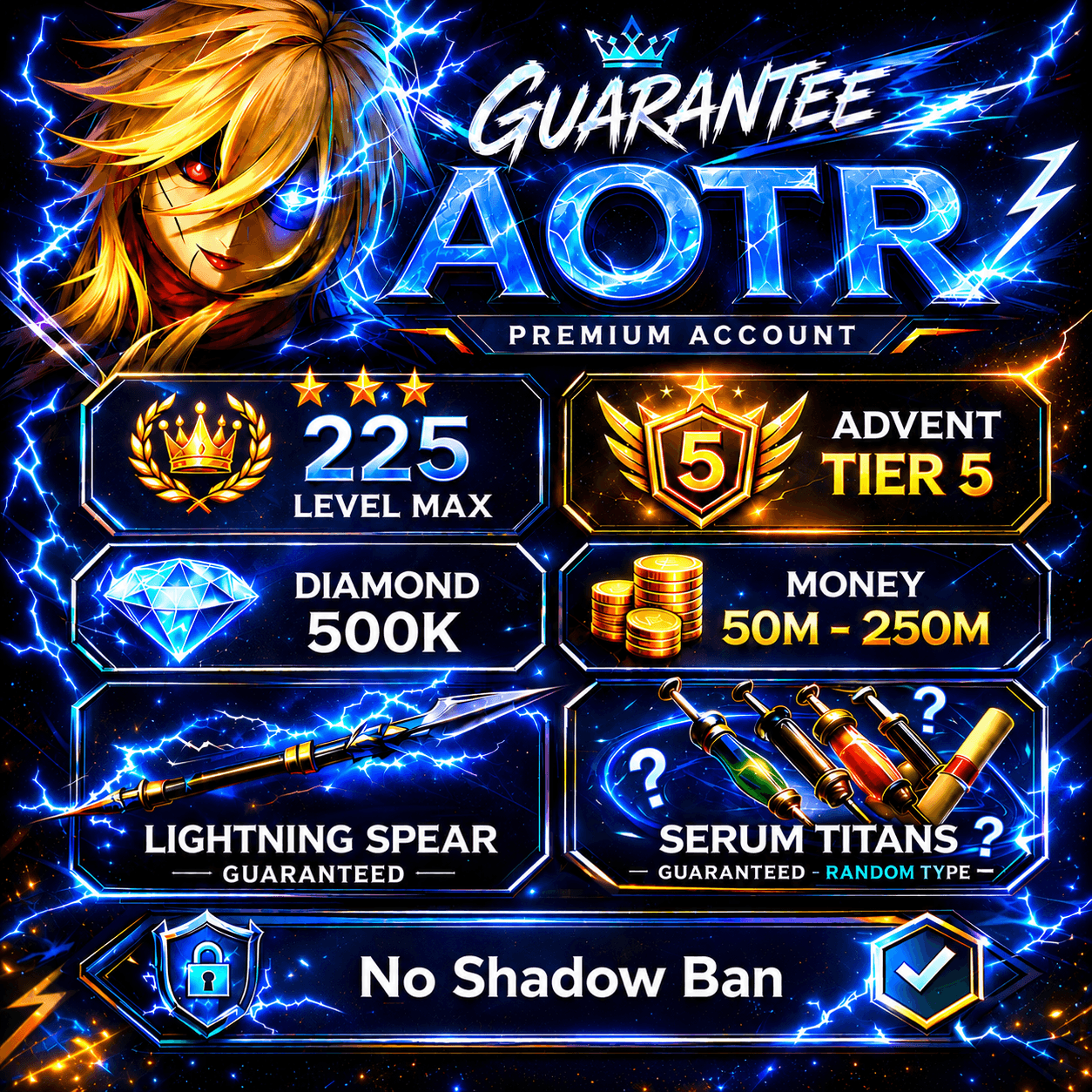 Account Level Max | ⭐️Advent 5 💎Diamond 500K ⚡️Lightning spear 💉 Serum Titans  ❌No Shadow Ban