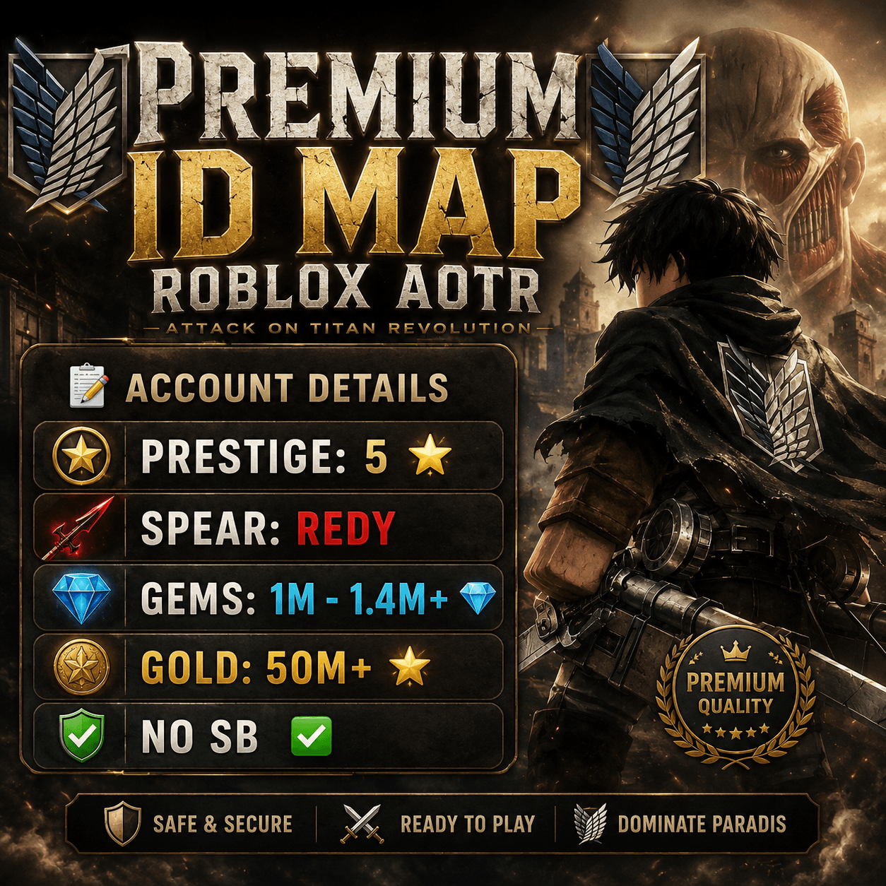 AOTR // 📌Prestige 5 // 💫Lv.225 // 💎GEM 1M-1.4M // 🌟GOLD 50M+ //  🪡SPEARS REDY //